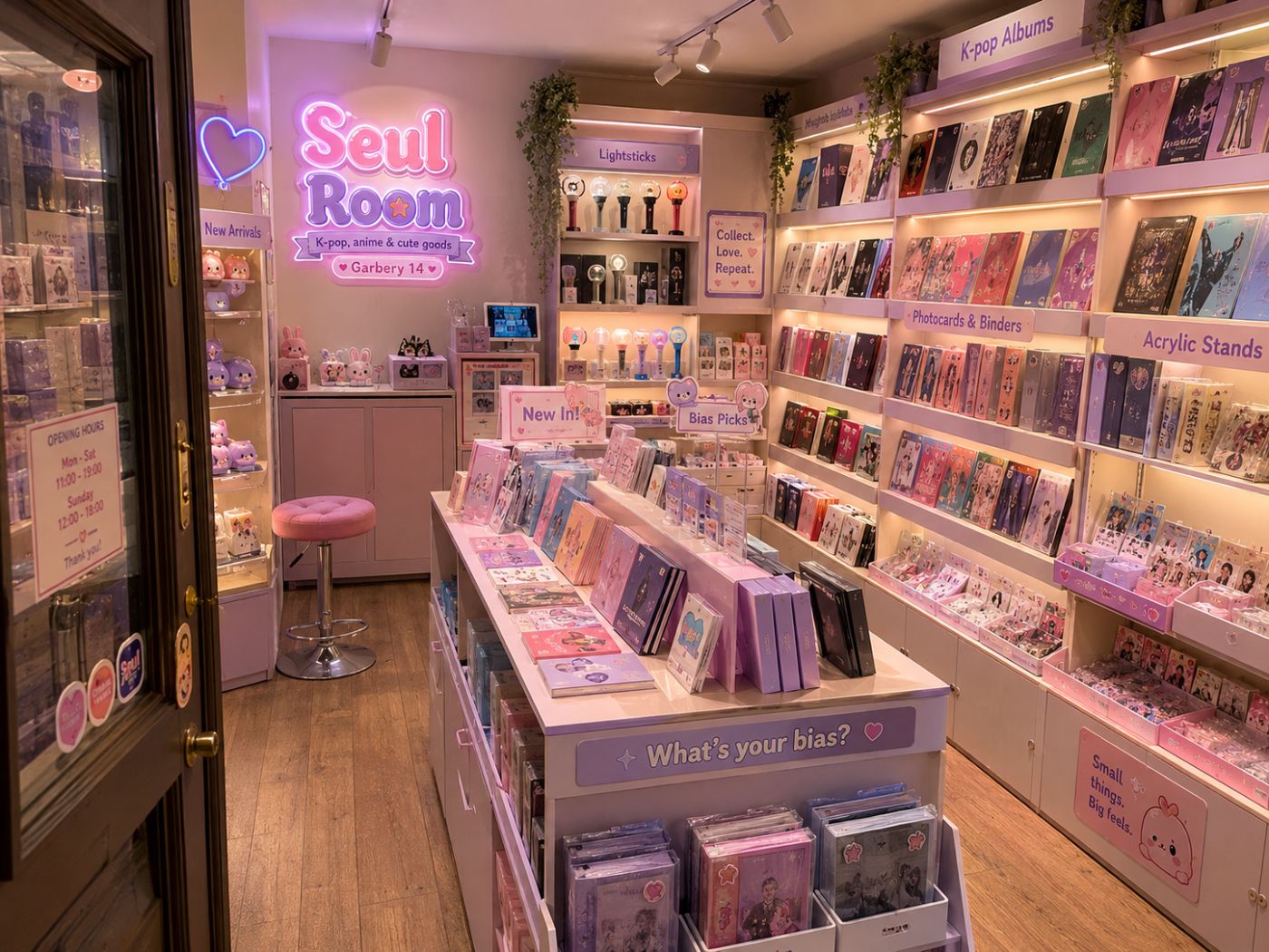 Wnętrze sklepu — regały z albumami K-pop, photocards i lightstickami