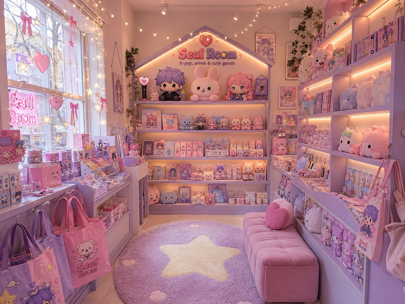 Kącik z pluszakami i cute goods w pastelowych kolorach